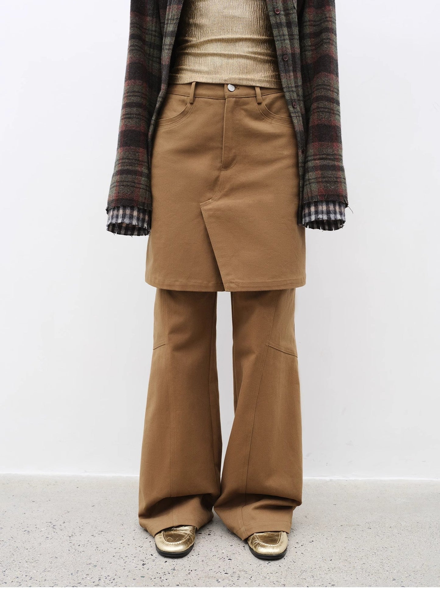 "Culotte Declaration" Retro split design fake two-piece twill brushed slightly flared slim jeans-4