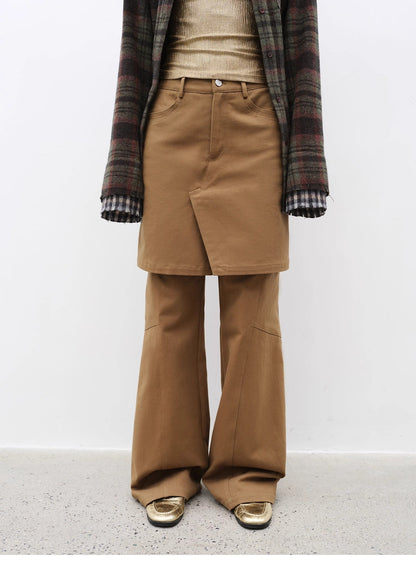 "Culotte Declaration" Retro split design fake two-piece twill brushed slightly flared slim jeans-4