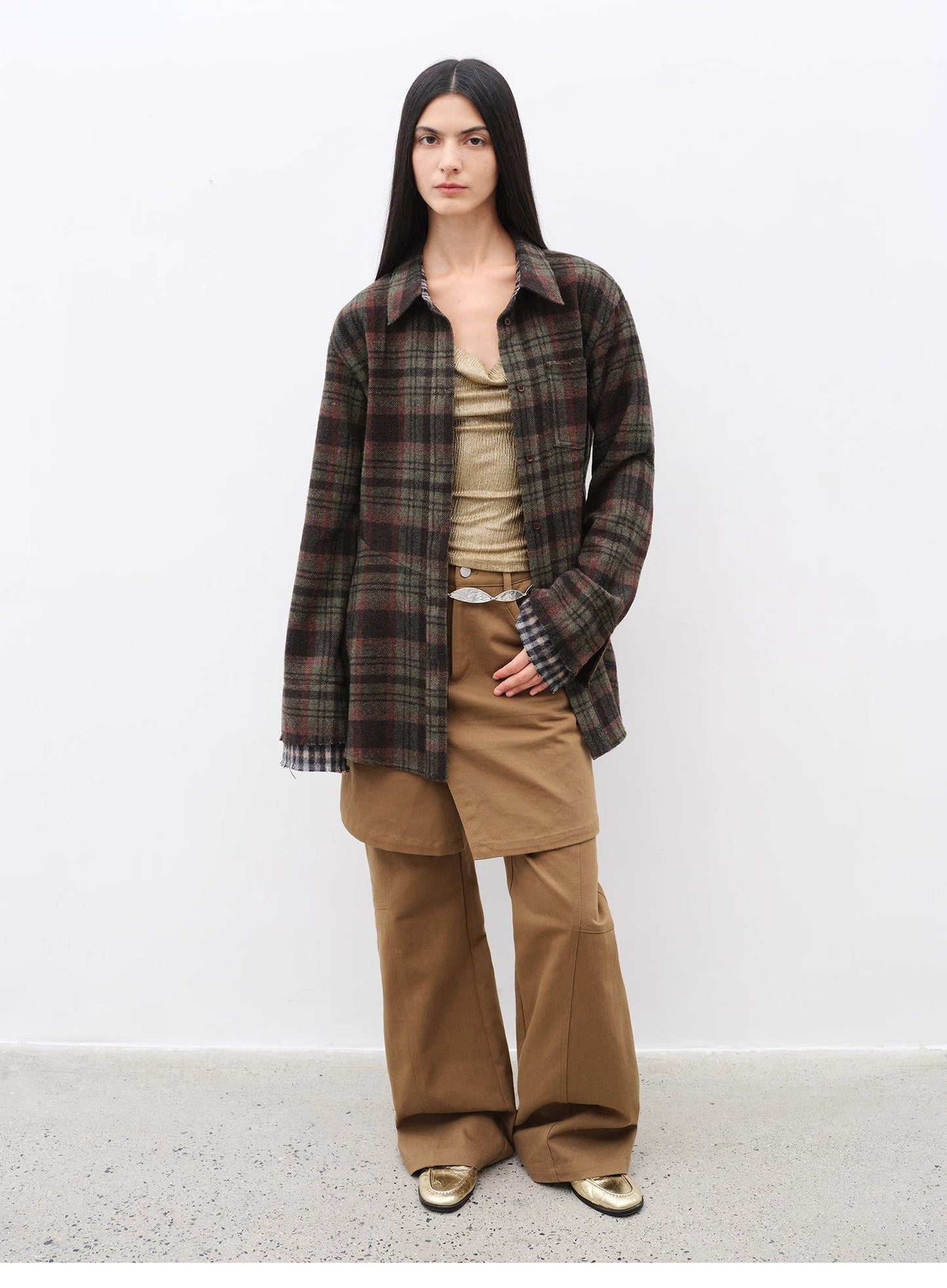 "Culotte Declaration" Retro split design fake two-piece twill brushed slightly flared slim jeans-0