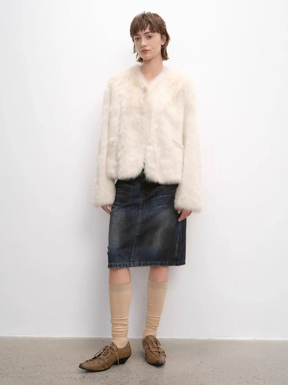 "Darcy Manor" imported Toscana straight wool sheepskin sweetheart collar short fur coat-3