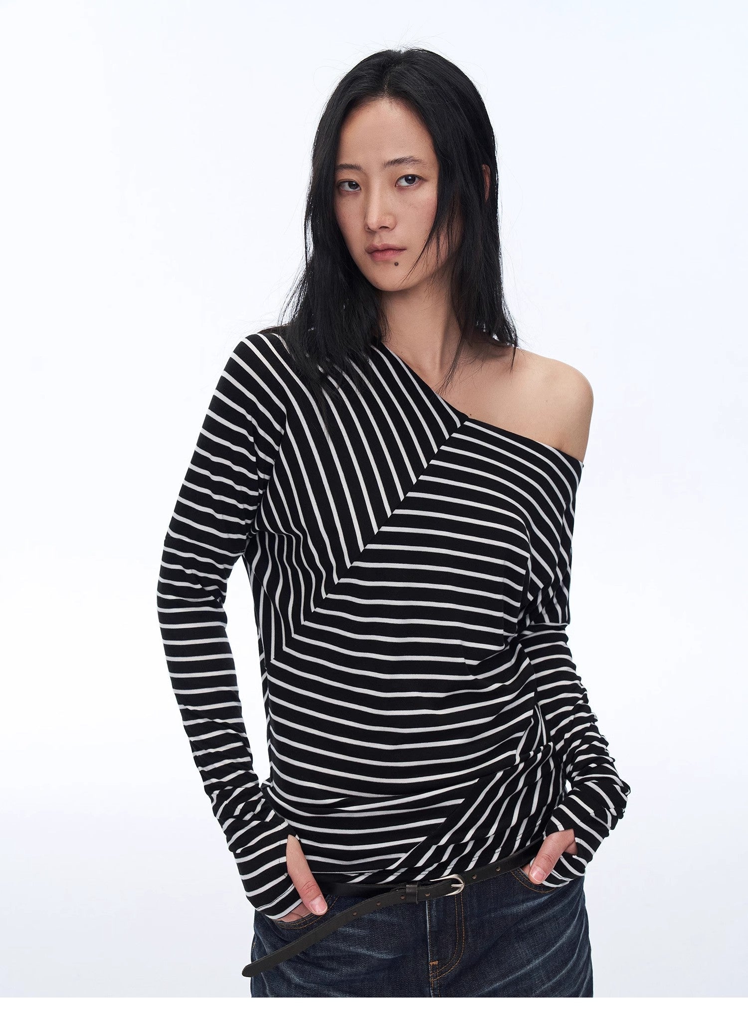 Fashionable off-shoulder Lyocell Tencel wool blended draped patchwork striped T-shirt"Picasso Lines"-2