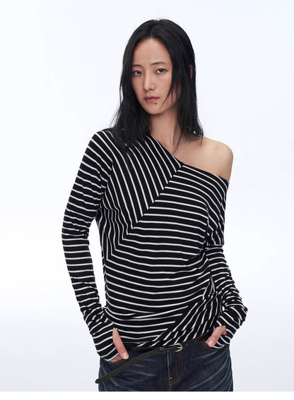 Fashionable off-shoulder Lyocell Tencel wool blended draped patchwork striped T-shirt"Picasso Lines"-2