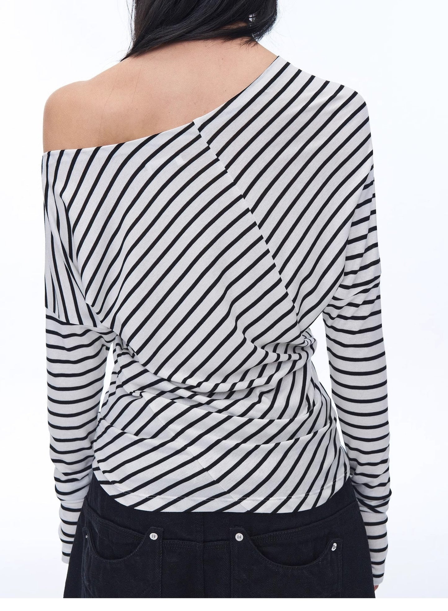 Fashionable off-shoulder Lyocell Tencel wool blended draped patchwork striped T-shirt"Picasso Lines"-3