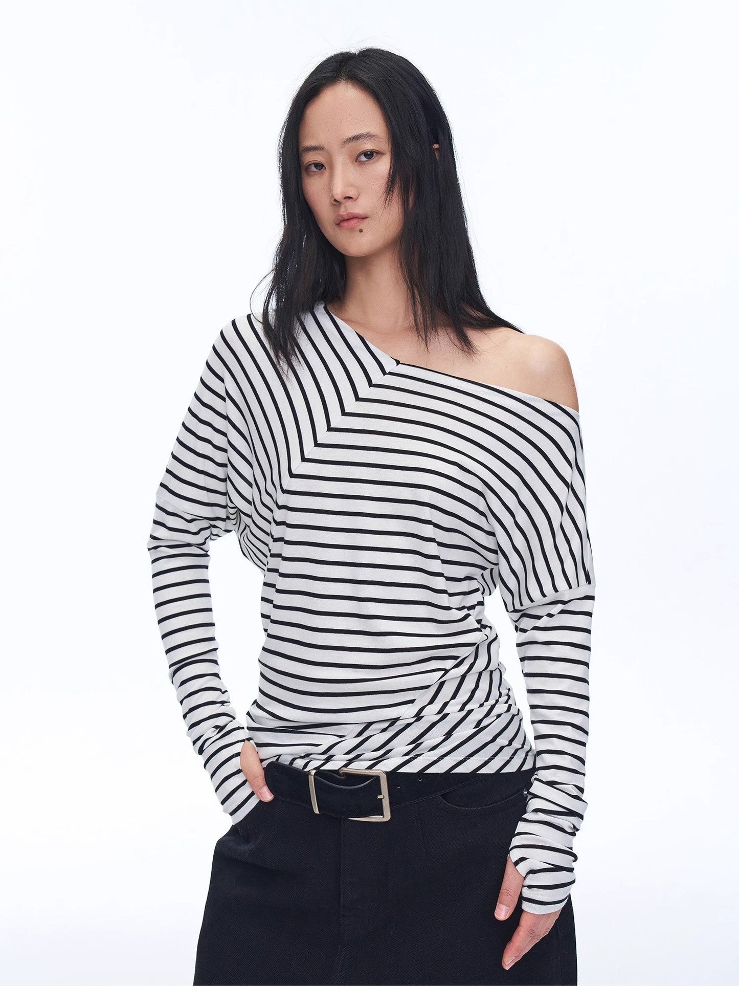 Fashionable off-shoulder Lyocell Tencel wool blended draped patchwork striped T-shirt"Picasso Lines"-0