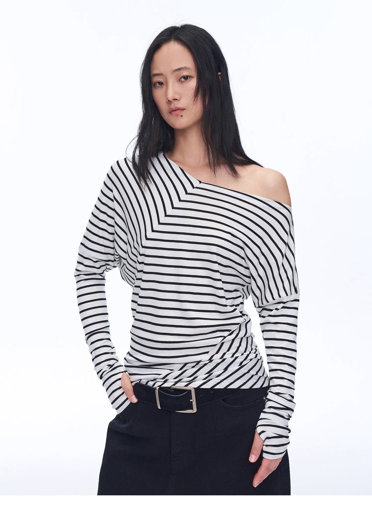 Fashionable off-shoulder Lyocell Tencel wool blended draped patchwork striped T-shirt"Picasso Lines"-0