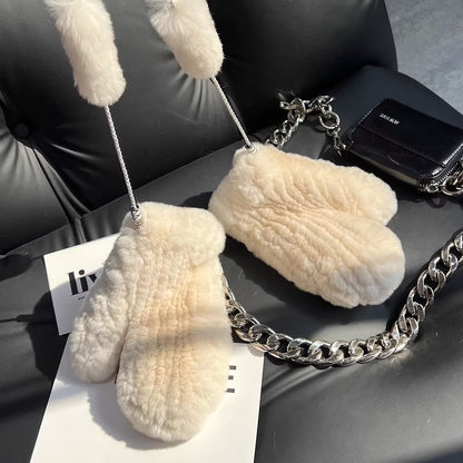 Firelady Fur Women's Rex Rabbit Fur Knitted Gloves – Soft Stretchy Winter Warm Windproof Mittens