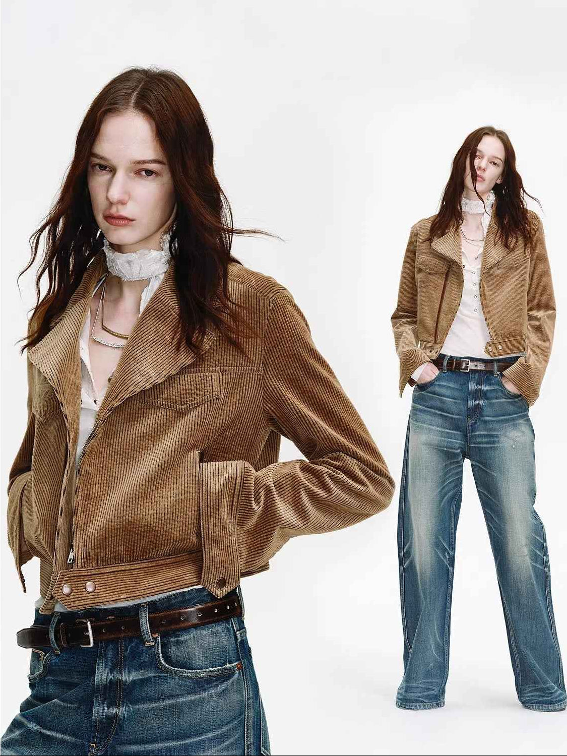 FireladyFur Women's Cropped Biker Jacket - Flocked Denim Moto Coat
