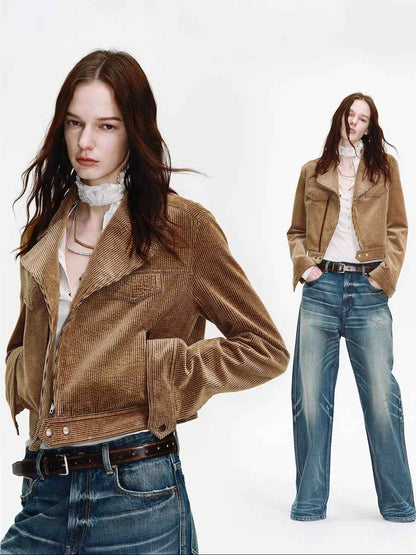 FireladyFur Women's Cropped Biker Jacket - Flocked Denim Moto Coat