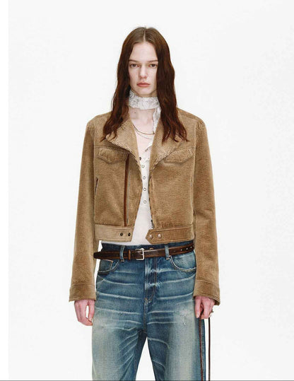 FireladyFur Women's Cropped Biker Jacket - Flocked Denim Moto Coat