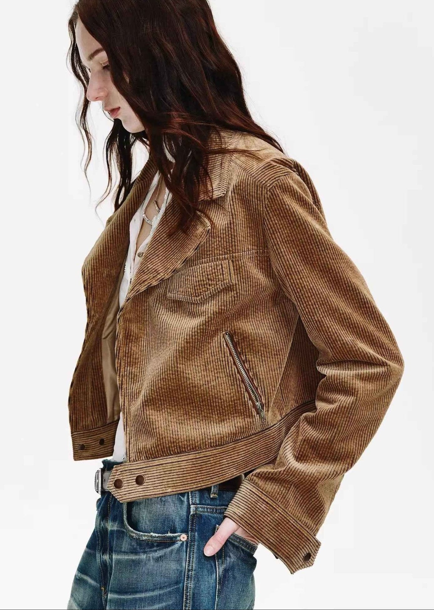 FireladyFur Women's Cropped Biker Jacket - Flocked Denim Moto Coat