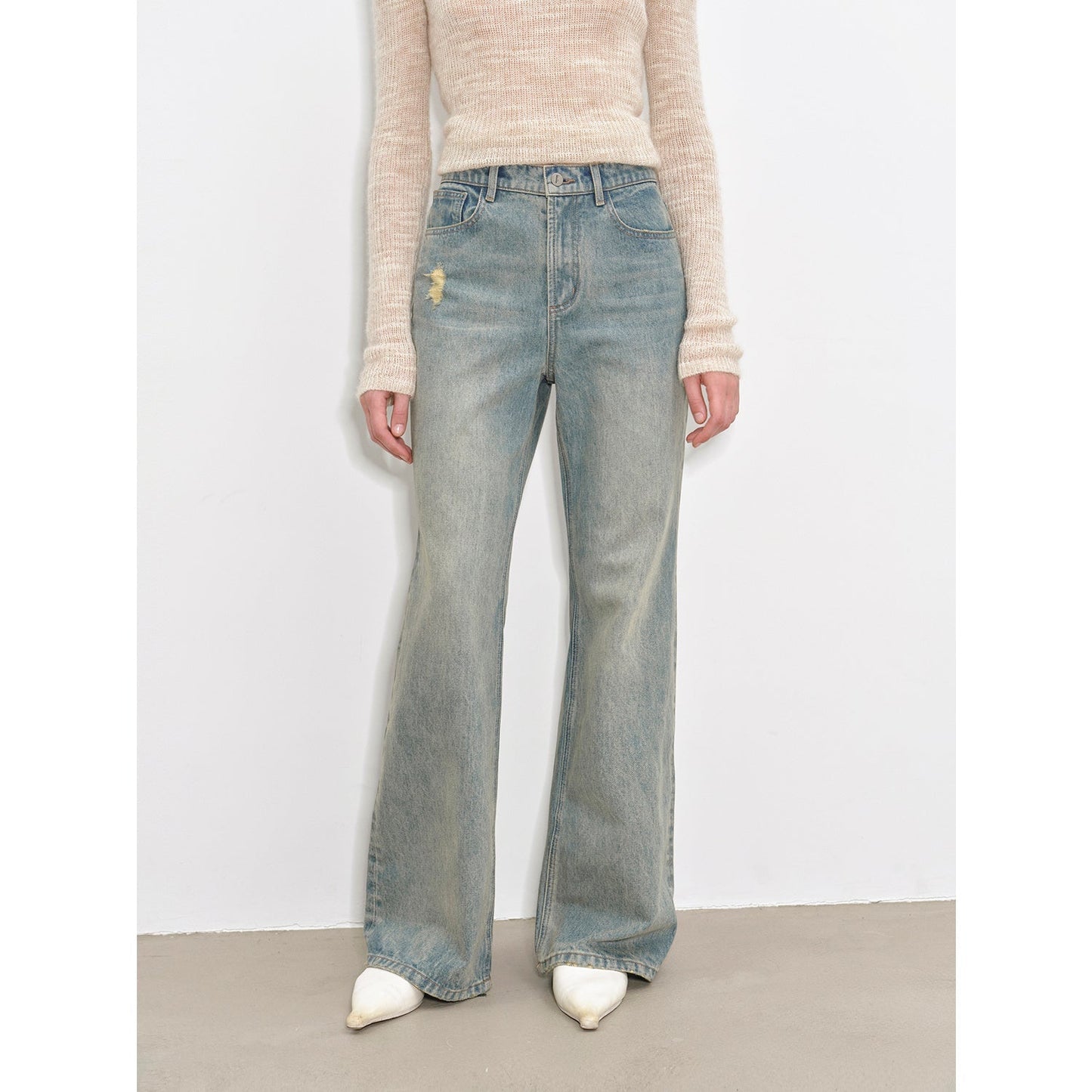 "Flare Mark" Retro all-season slim-fit versatile floor-length washed flared jeans