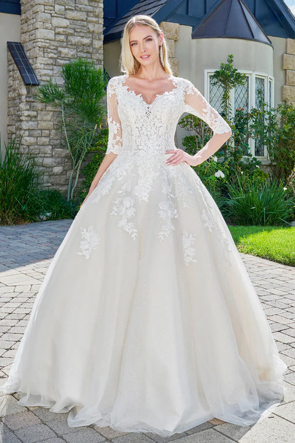 Wedding dress with V-neck, embroidered sparkly mesh and 1/2 sleeves-0