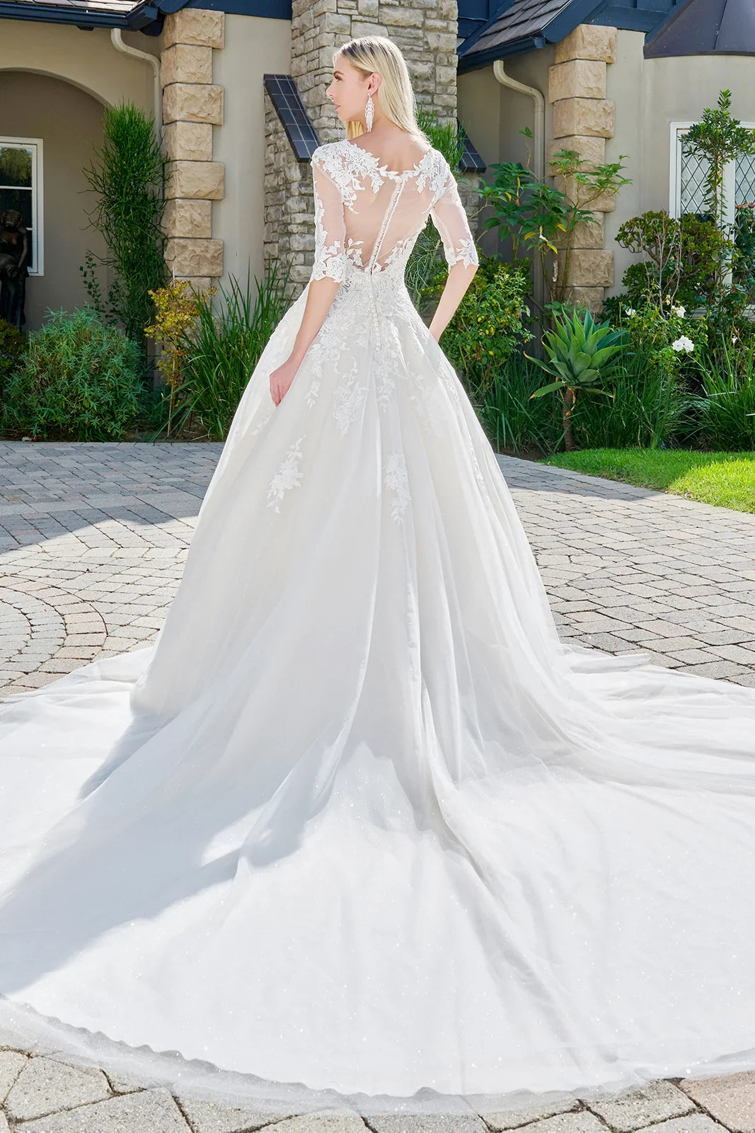 Wedding dress with V-neck, embroidered sparkly mesh and 1/2 sleeves-1