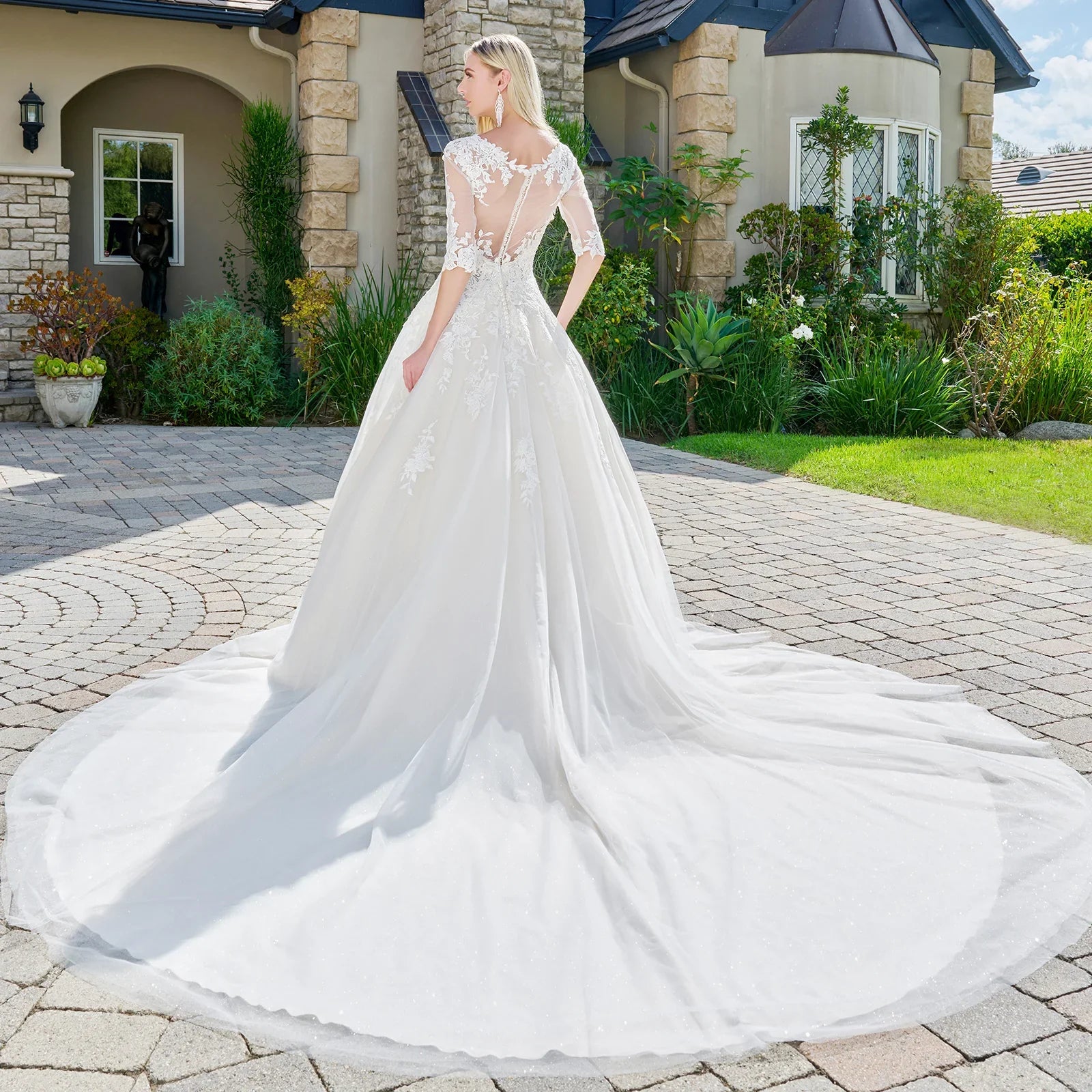 Wedding dress with V-neck, embroidered sparkly mesh and 1/2 sleeves-2