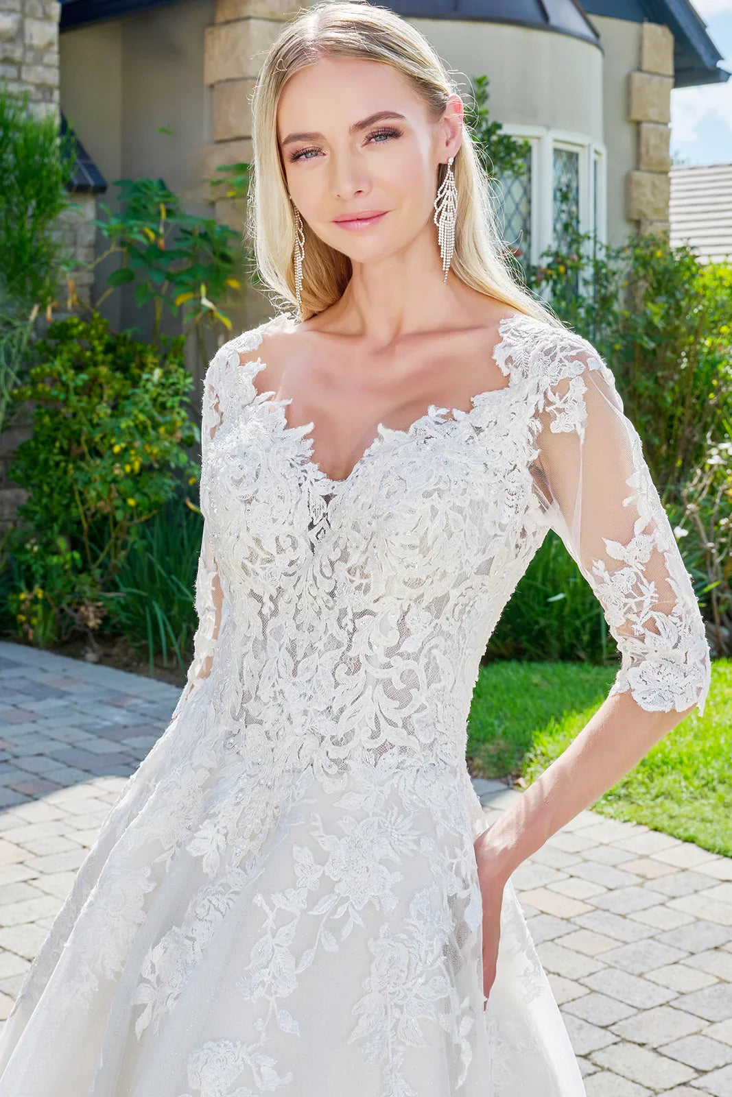 Wedding dress with V-neck, embroidered sparkly mesh and 1/2 sleeves-3