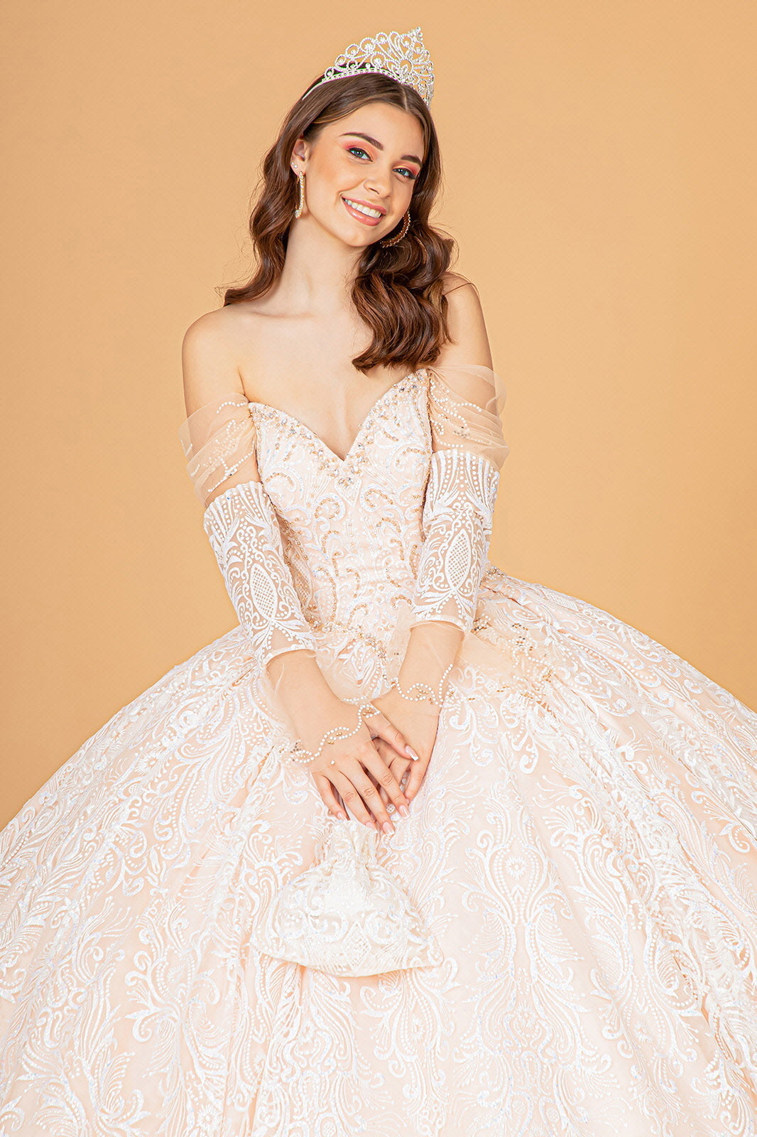 Jewel Mesh w/ Mini Bag and Separate Long Sleeves Quinceanera Dress GLGL3073