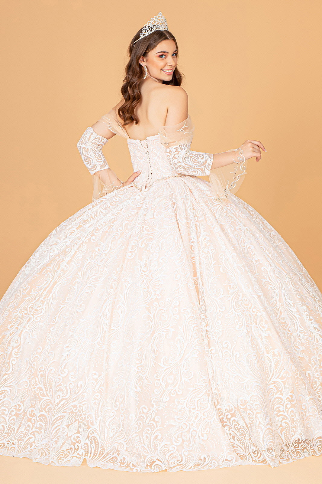 Jewel Mesh w/ Mini Bag and Separate Long Sleeves Quinceanera Dress GLGL3073