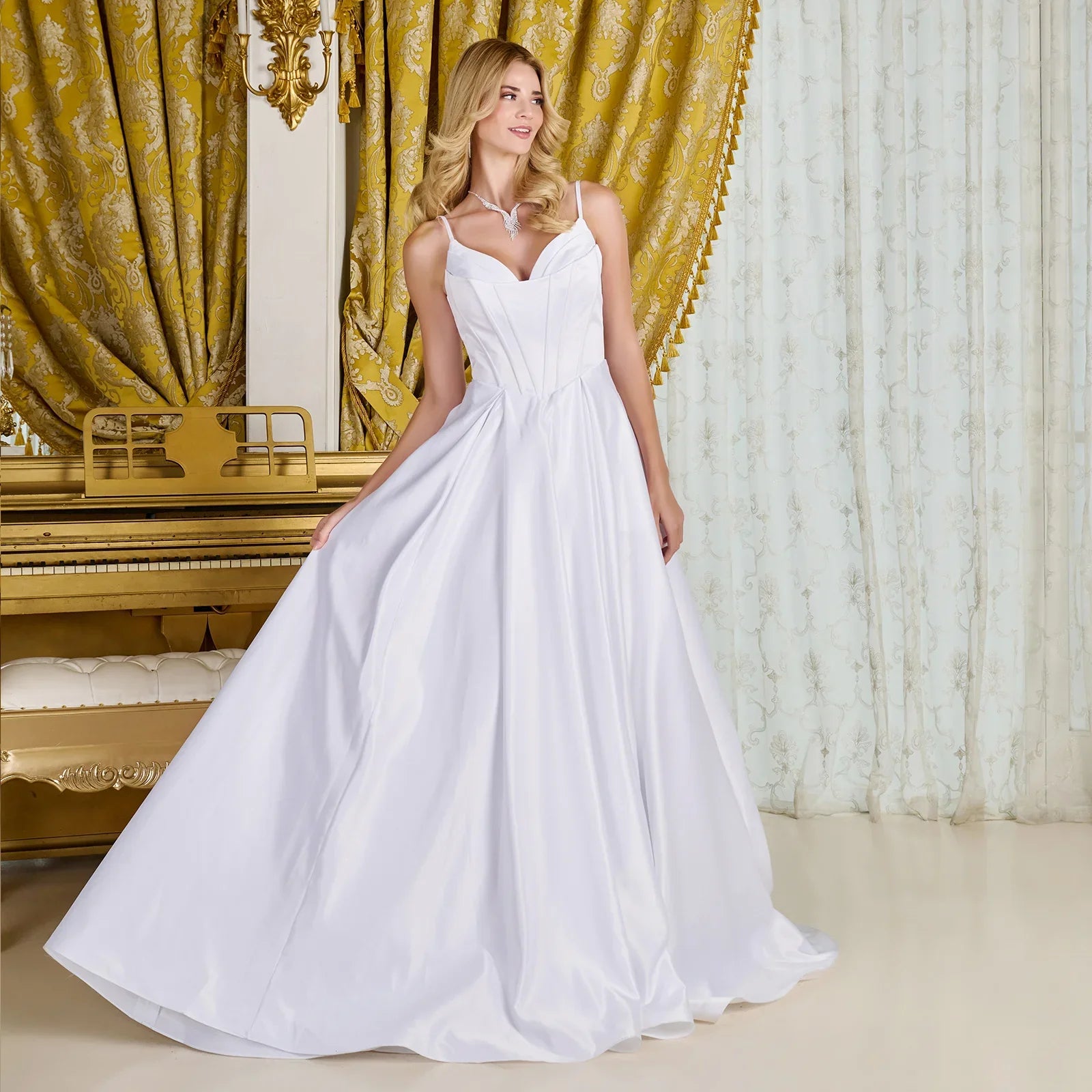A-line, satin wedding gown spaghetti straps V-neckline-2