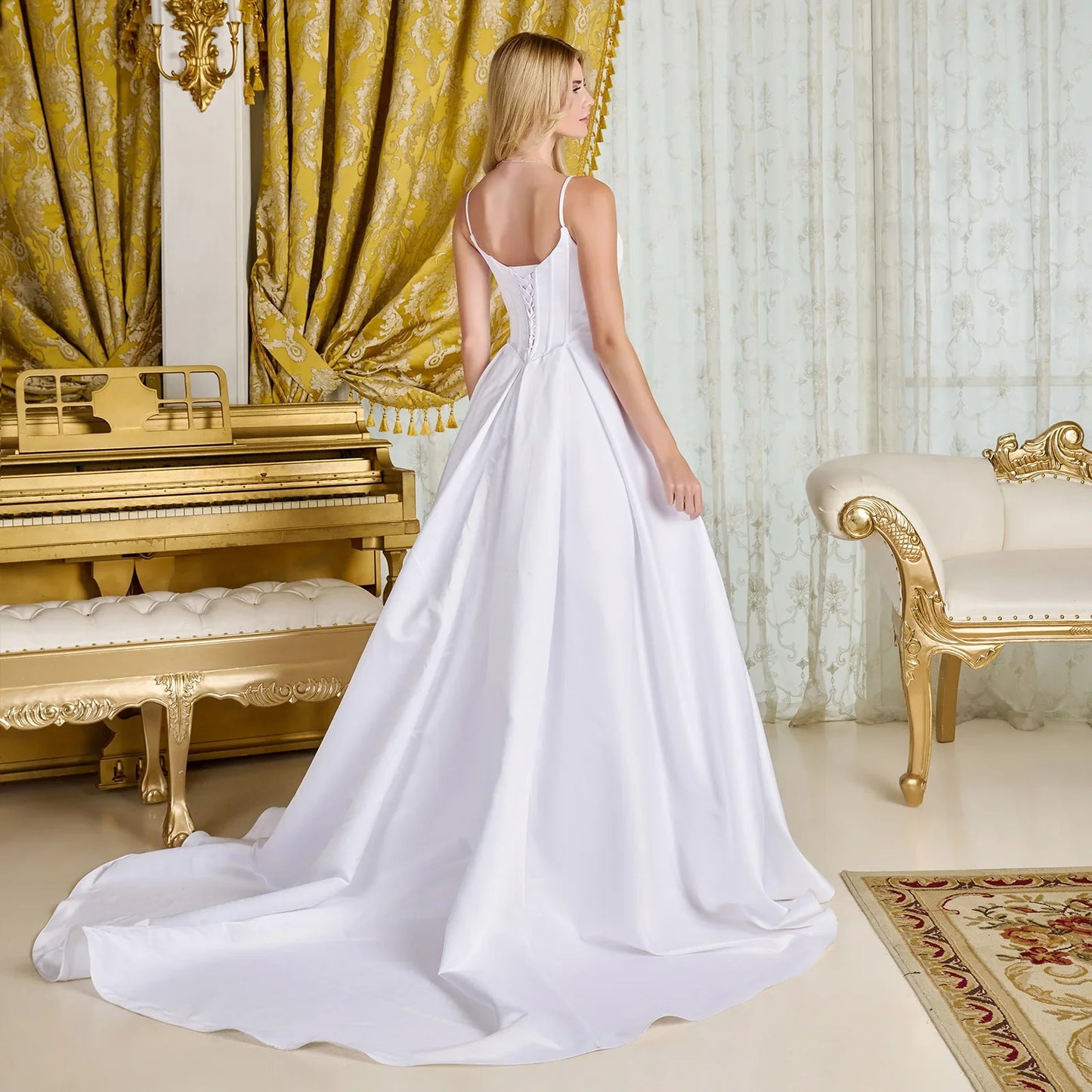 A-line, satin wedding gown spaghetti straps V-neckline-3