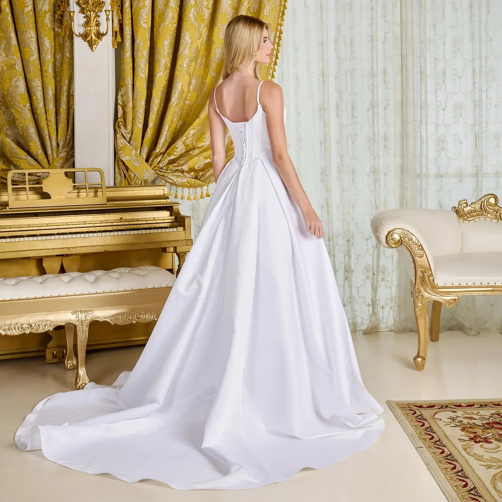 A-line, satin wedding gown spaghetti straps V-neckline-3