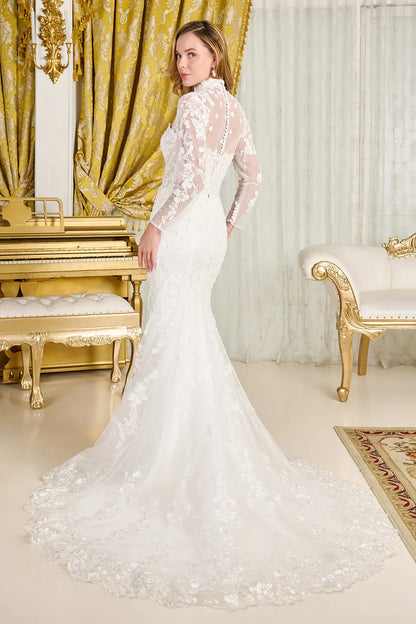 Wedding Dress With Trumpet Cut, Detachable Sheer High Neck Top And Long Sleeves-1