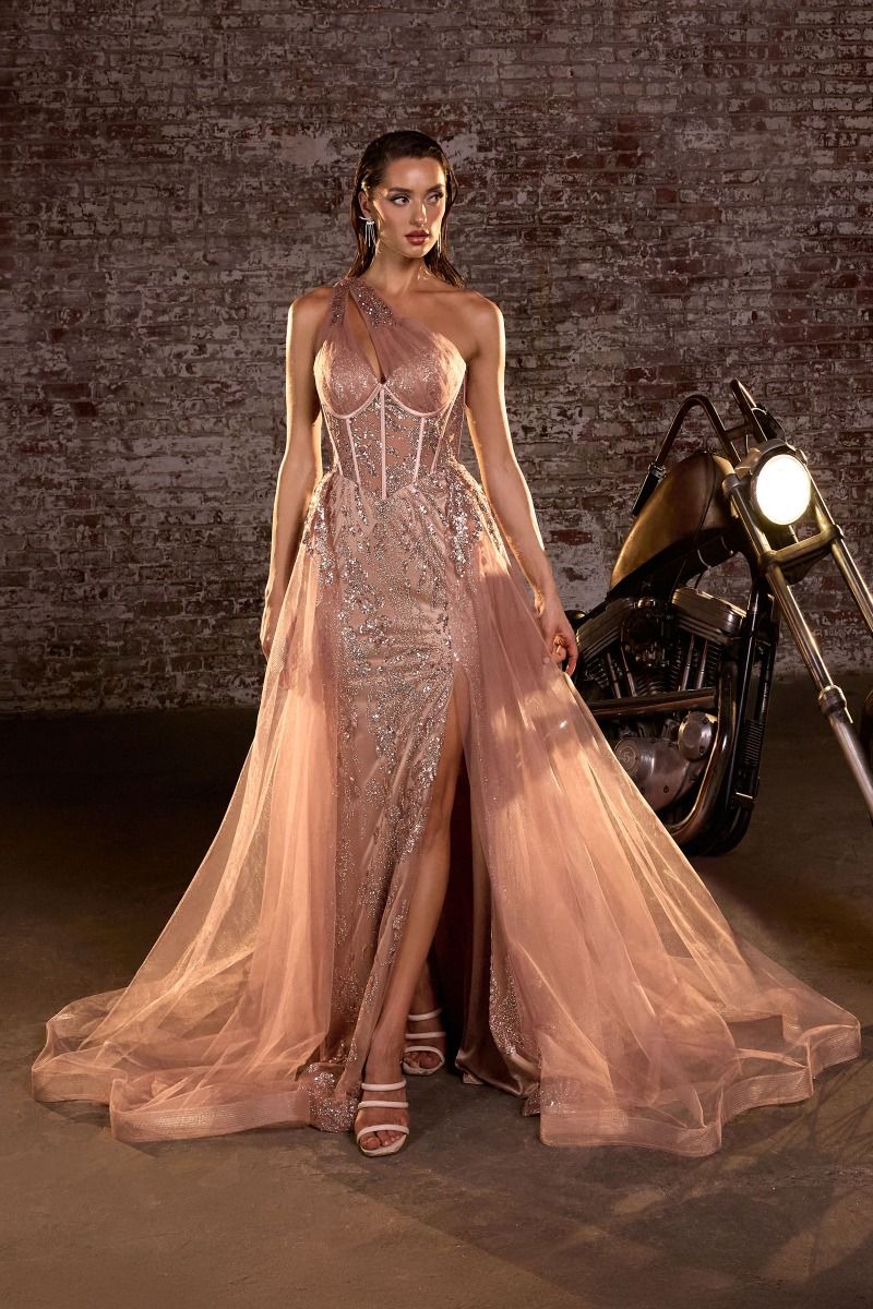 One Shoulder Glitter & Tulle Gown-7