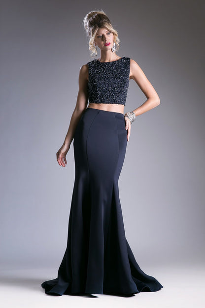 Beaded High Neck Two-Piece Mermaid Evening Gown with Train-0