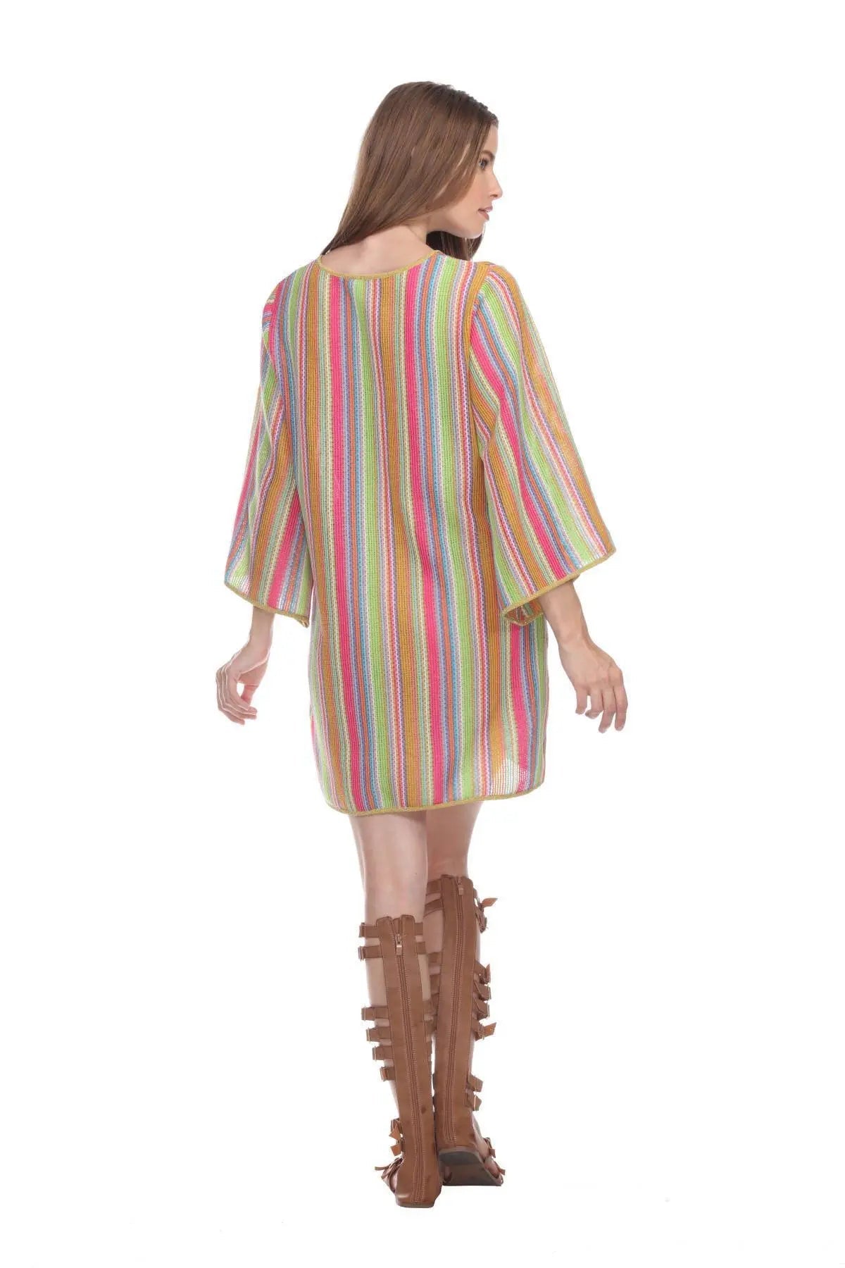 Multi-Color Stripe Pattern Short Polyester Tunic-2