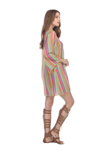 Multi-Color Stripe Pattern Short Polyester Tunic-1