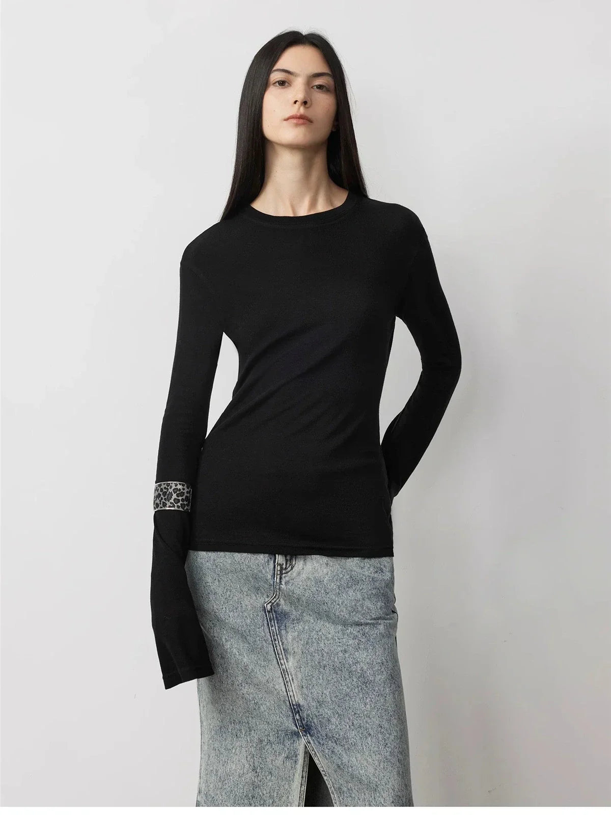 Lyocell wool stretch comfortable breathable fit minimalist solid color long-sleeved T-shirt