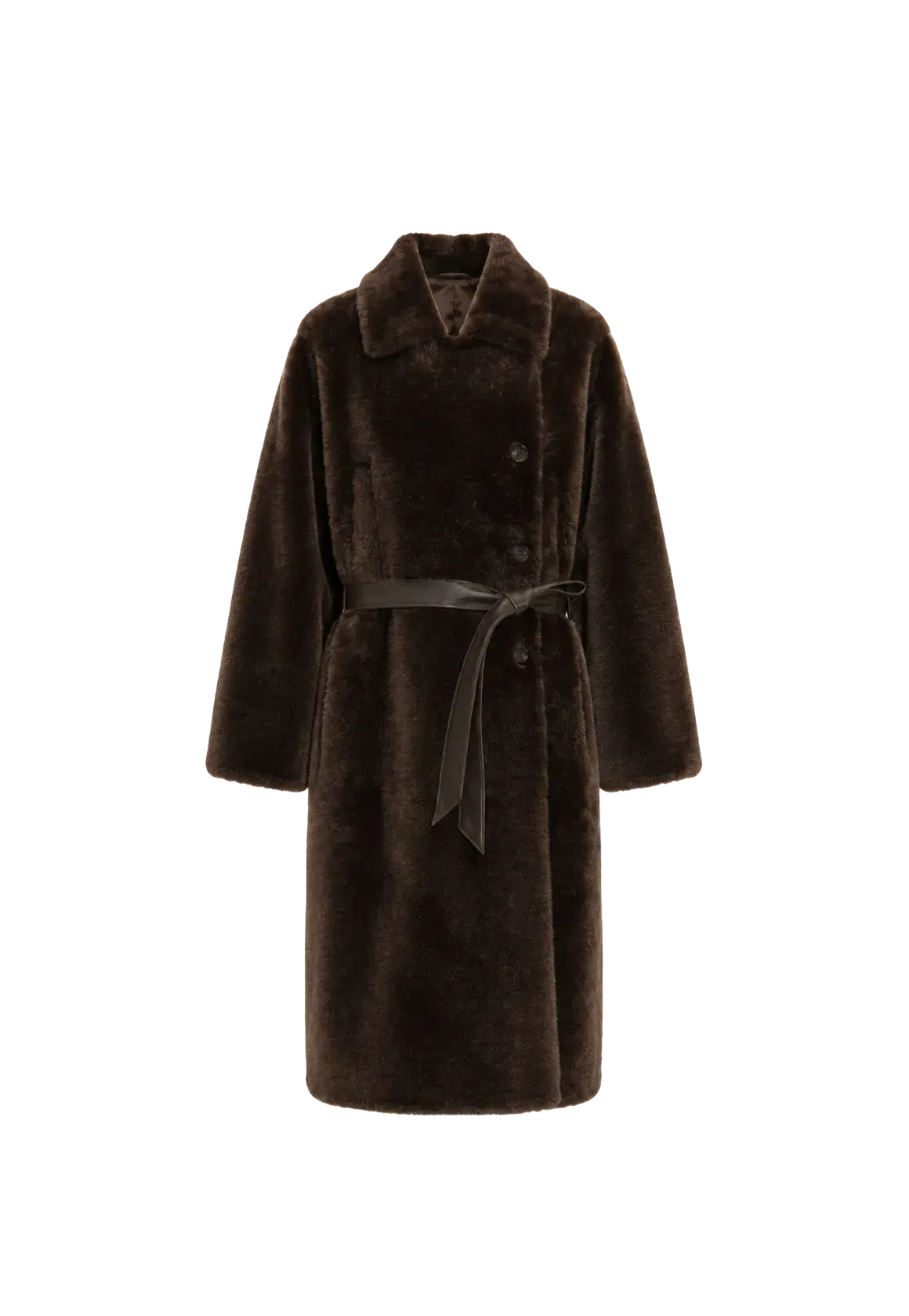 "Mocha Phantom" Merino wool dropped shoulder long asymmetric placket sheepskin coat-0