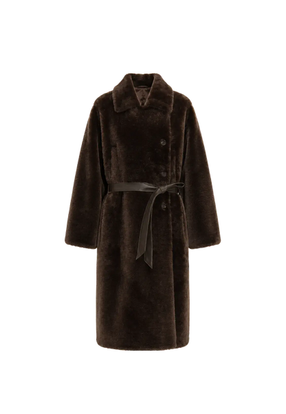 "Mocha Phantom" Merino wool dropped shoulder long asymmetric placket sheepskin coat-0