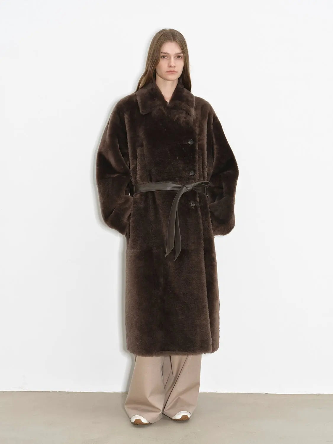 "Mocha Phantom" Merino wool dropped shoulder long asymmetric placket sheepskin coat-1