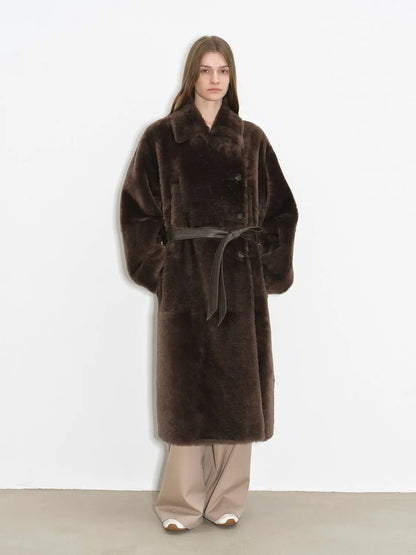 "Mocha Phantom" Merino wool dropped shoulder long asymmetric placket sheepskin coat-1