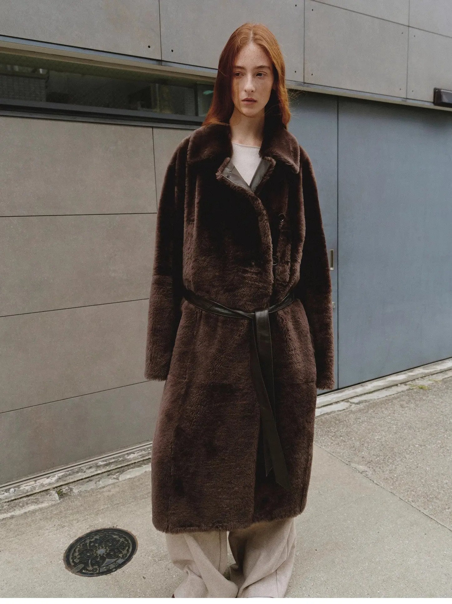 "Mocha Phantom" Merino wool dropped shoulder long asymmetric placket sheepskin coat-2