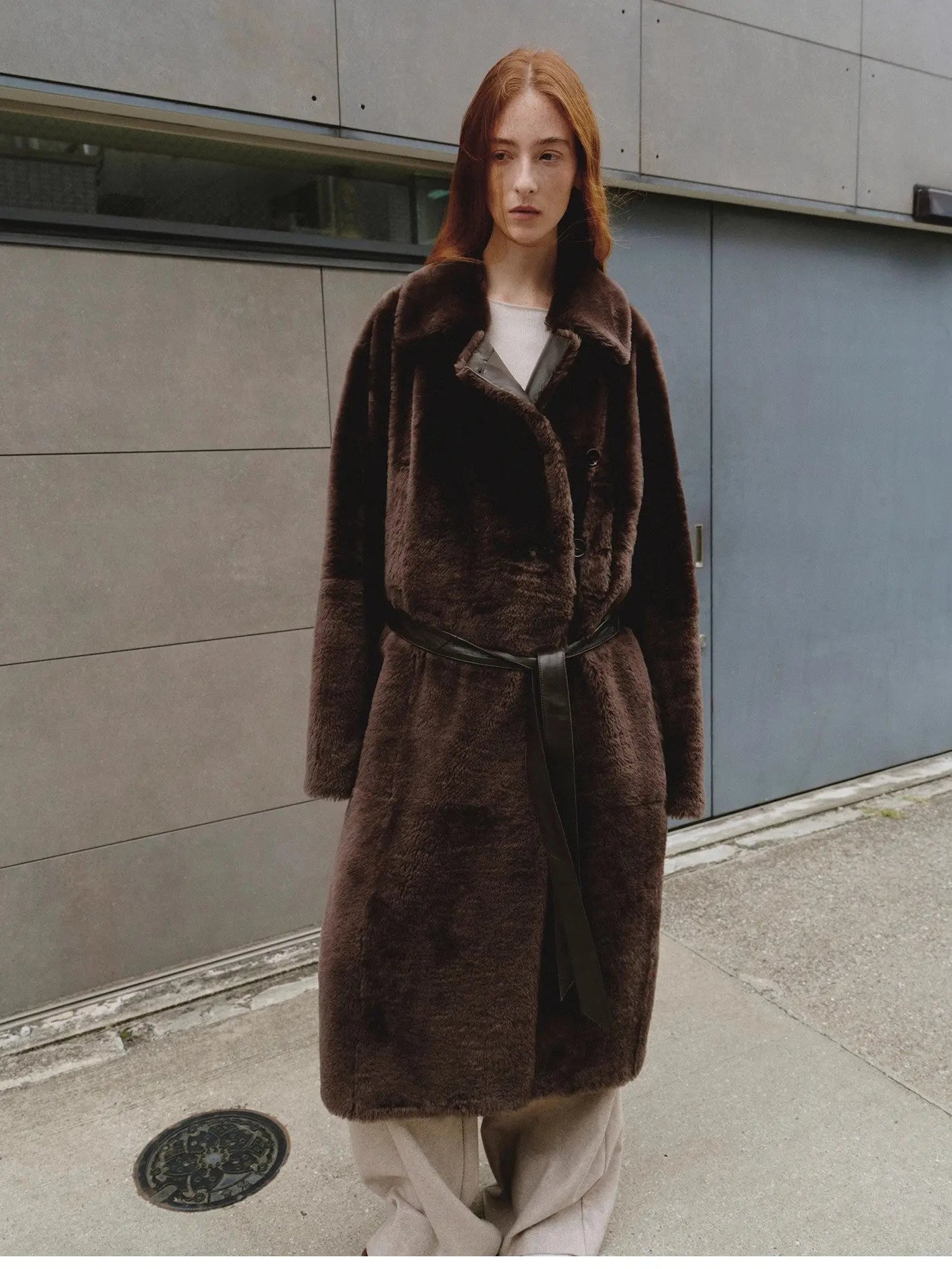 "Mocha Phantom" Merino wool dropped shoulder long asymmetric placket sheepskin coat-2