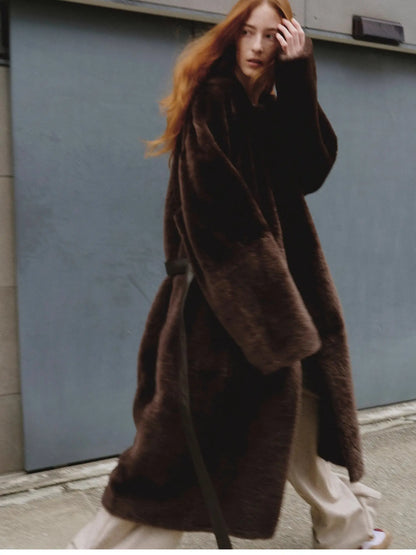 "Mocha Phantom" Merino wool dropped shoulder long asymmetric placket sheepskin coat-3