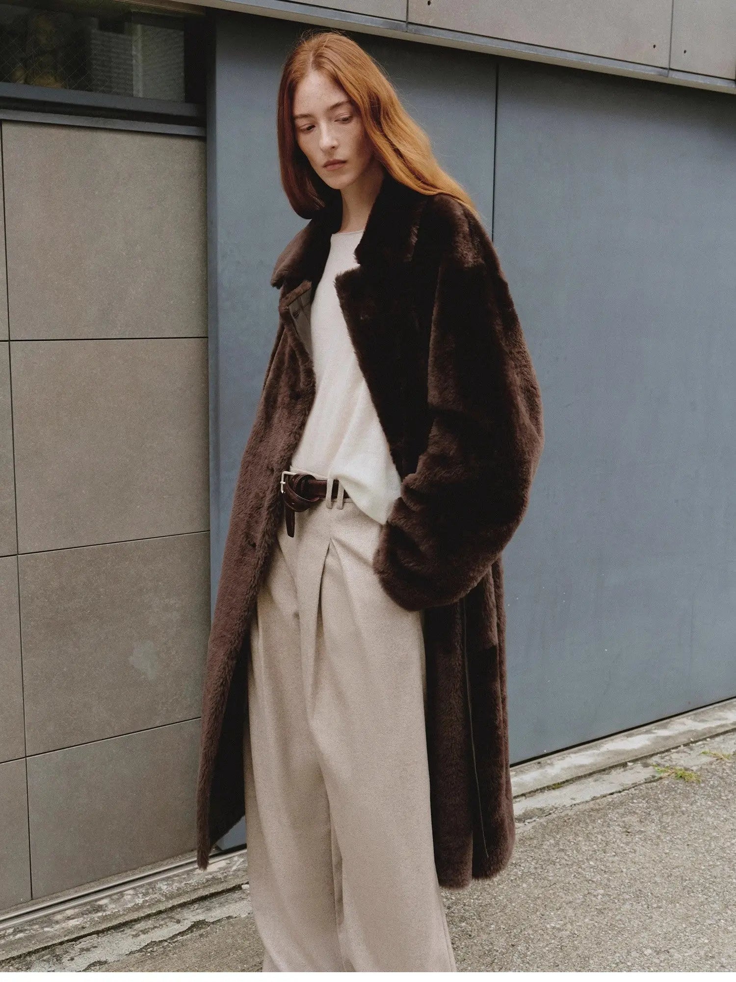 "Mocha Phantom" Merino wool dropped shoulder long asymmetric placket sheepskin coat-4