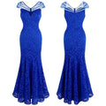 Women's Cap Sleeve Beading Lace Evening Dresses Long Mermaid Wedding Party Gown Blue