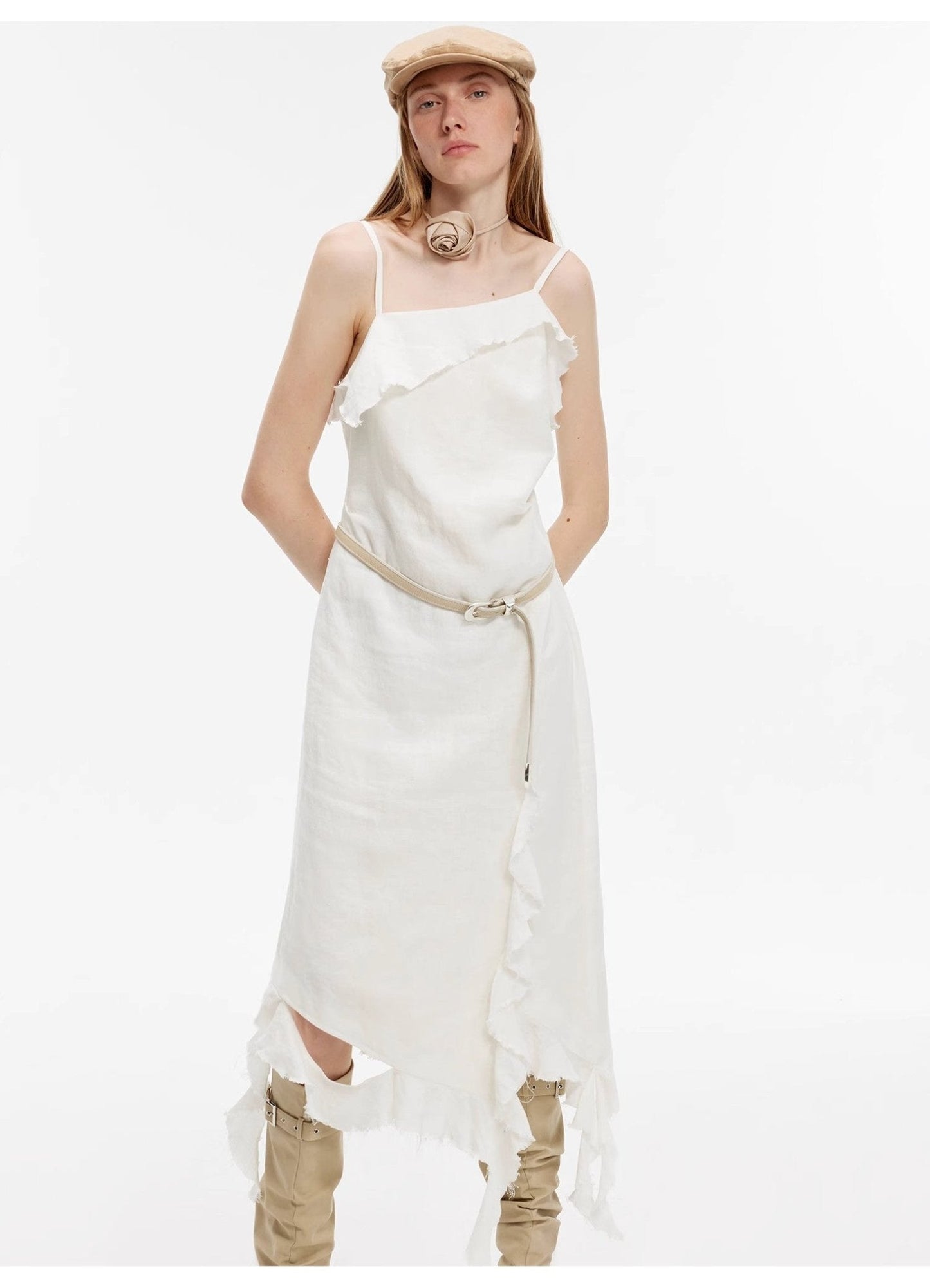 Sand-washed Linen Sling Ruffled Irregular Fit Sling Dress"Summer Whisper"