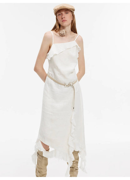 Sand-washed Linen Sling Ruffled Irregular Fit Sling Dress"Summer Whisper"