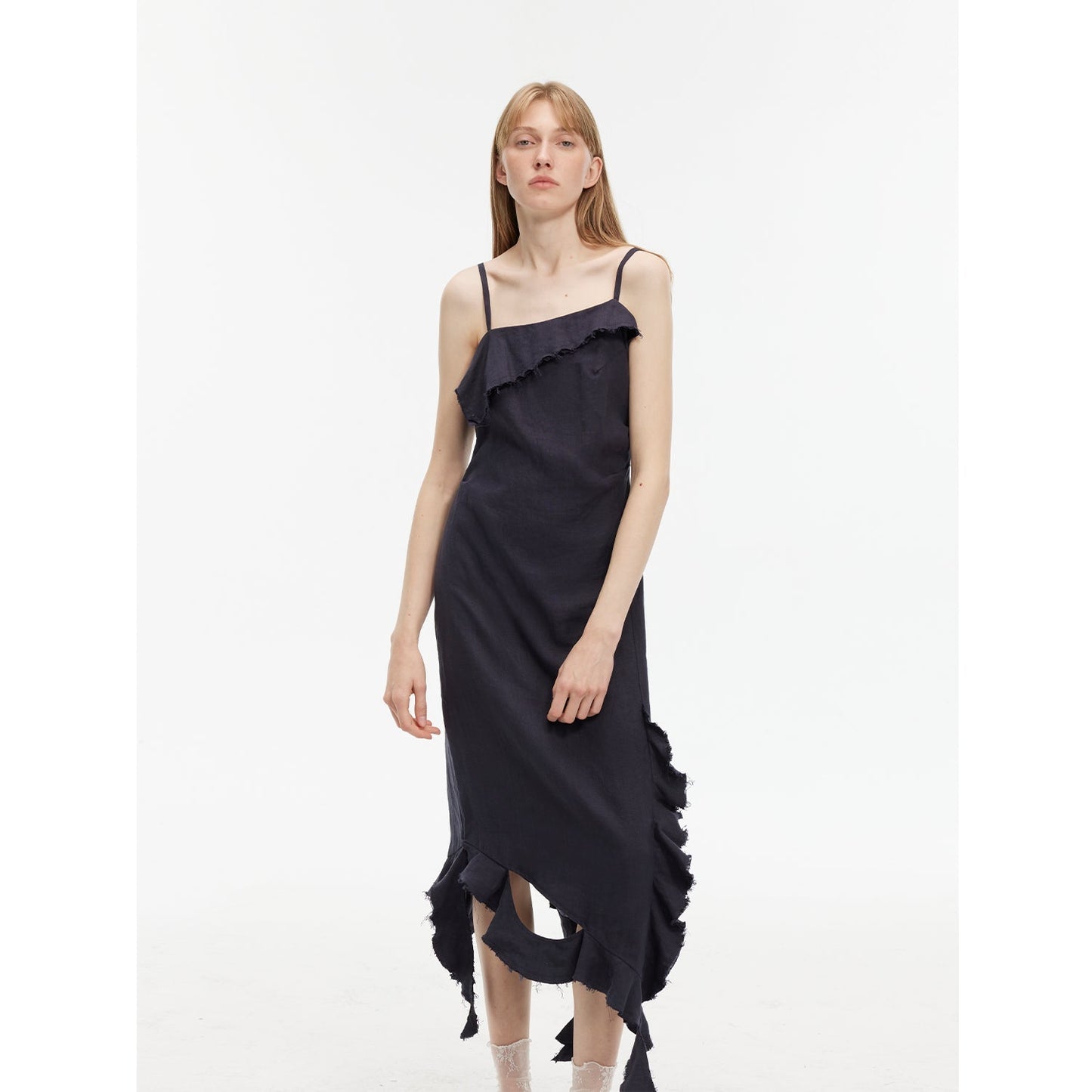 Sand-washed Linen Sling Ruffled Irregular Fit Sling Dress"Summer Whisper"
