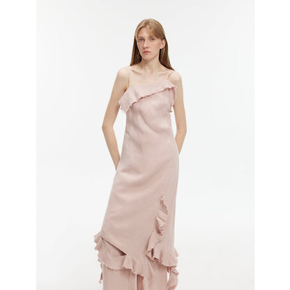 Sand-washed Linen Sling Ruffled Irregular Fit Sling Dress"Summer Whisper"