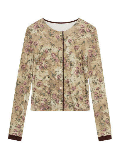Original retro ethnic print Tencel Merino wool blend long-sleeved shirt"Senna Flower House"