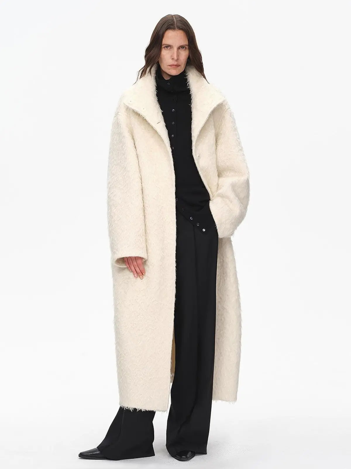 "Song of Snowland"Women's mohair wool stand collar coat autumn and winter loose woolen coat-1