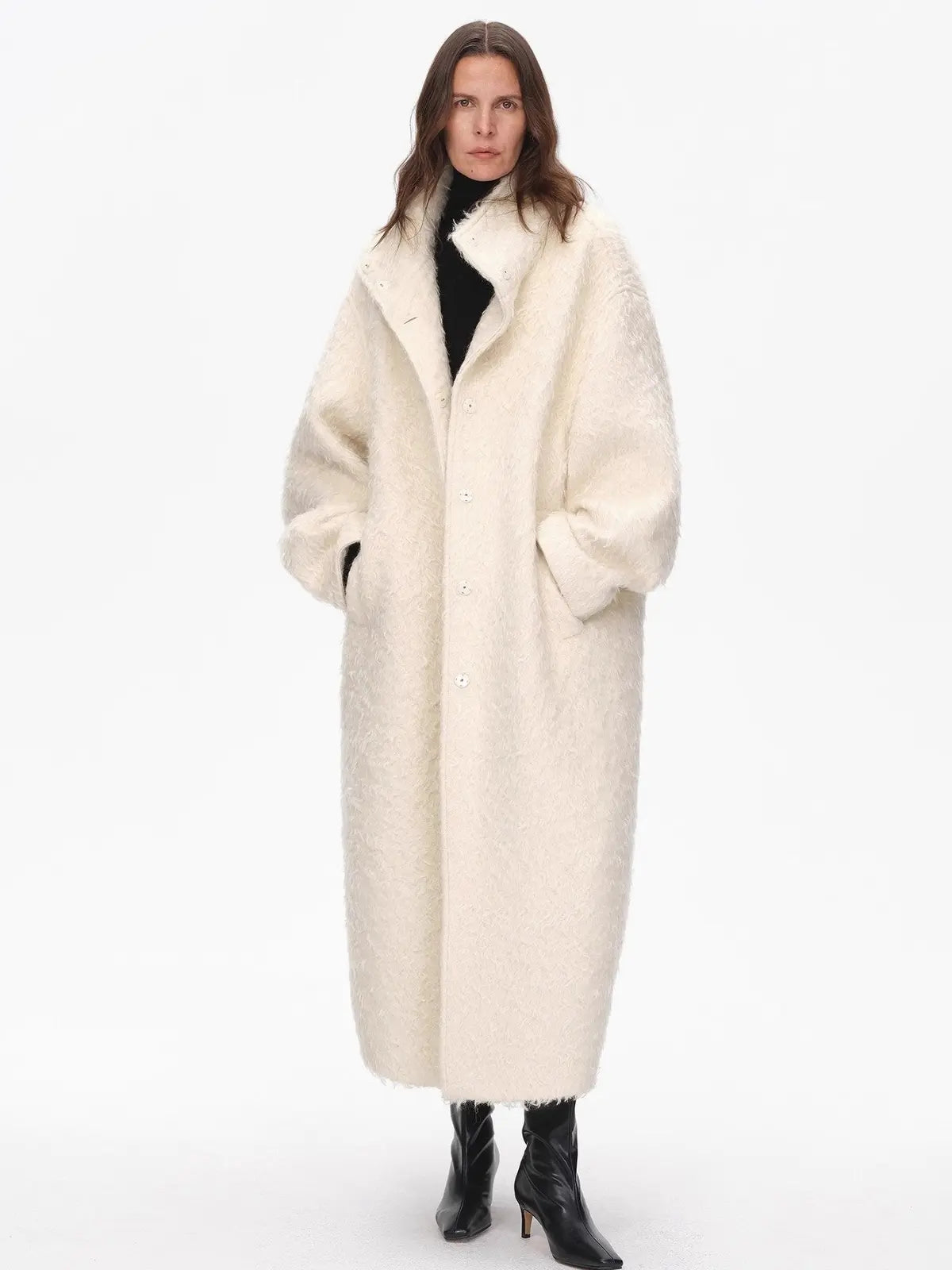 "Song of Snowland"Women's mohair wool stand collar coat autumn and winter loose woolen coat-2