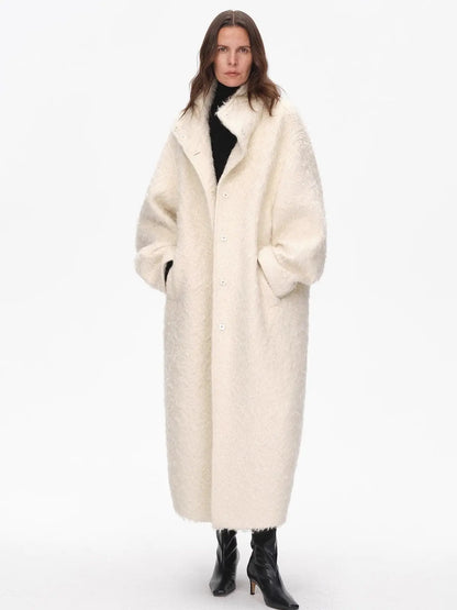 "Song of Snowland"Women's mohair wool stand collar coat autumn and winter loose woolen coat-2