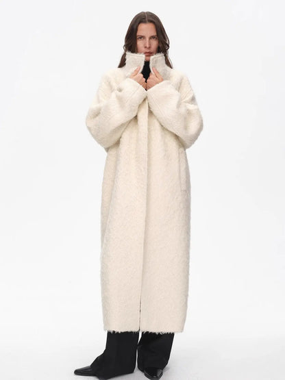 "Song of Snowland"Women's mohair wool stand collar coat autumn and winter loose woolen coat-3