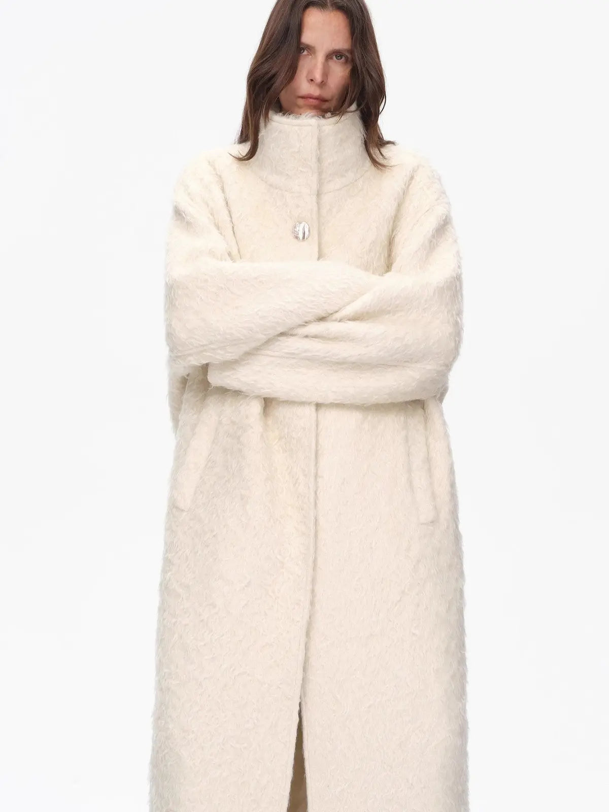 "Song of Snowland"Women's mohair wool stand collar coat autumn and winter loose woolen coat-4