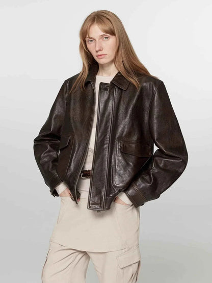 Firelady Fur Women's Vintage Brown Aviator Style Leather Jacket“South City Old Lane”
